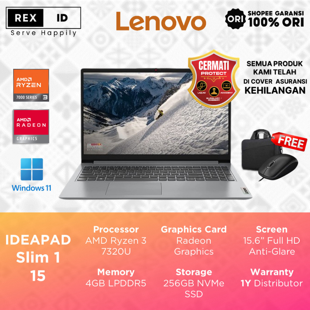 Lenovo Ideapad Slim 1 15 AMD Ryzen 3-7320U 4GB 256GB 15.6FHD Windows 11