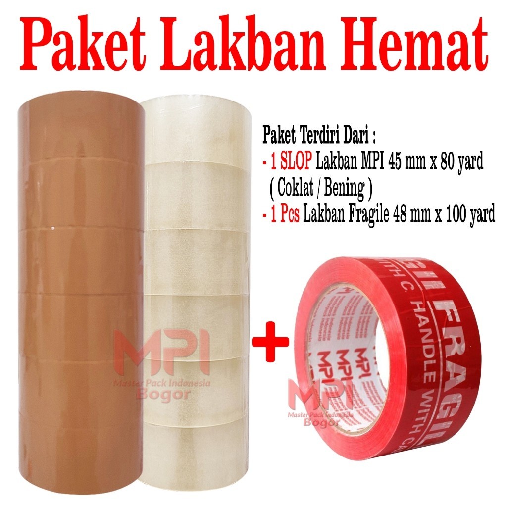 

PAKET LAKBAN HEMAT - 1 SLOP Lakban Coklat - Lakban Bening MPI 45 mm x 80 yard + 1 Pcs Lakban Fargile 48 mm x 100 yard - Master Pack Indonesia Bandung