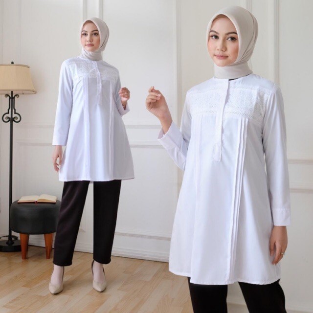 Seenaoutfiit - Naila Baju Putih tunik putih lengan panjang terbaru muslim atasan tunik baju tunik pu
