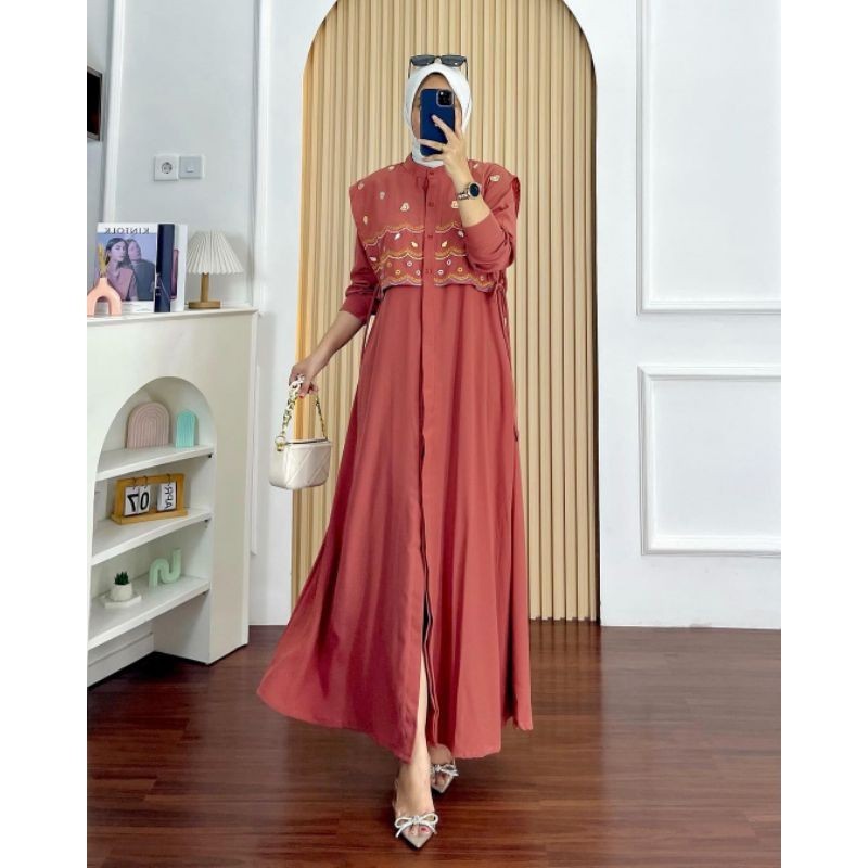 [Cod] Baju Gamis Mewah Terbaru 2024 Bahan Shakila Mix Bordir Sheren Dress Kondangan Navy Putih Baju 
