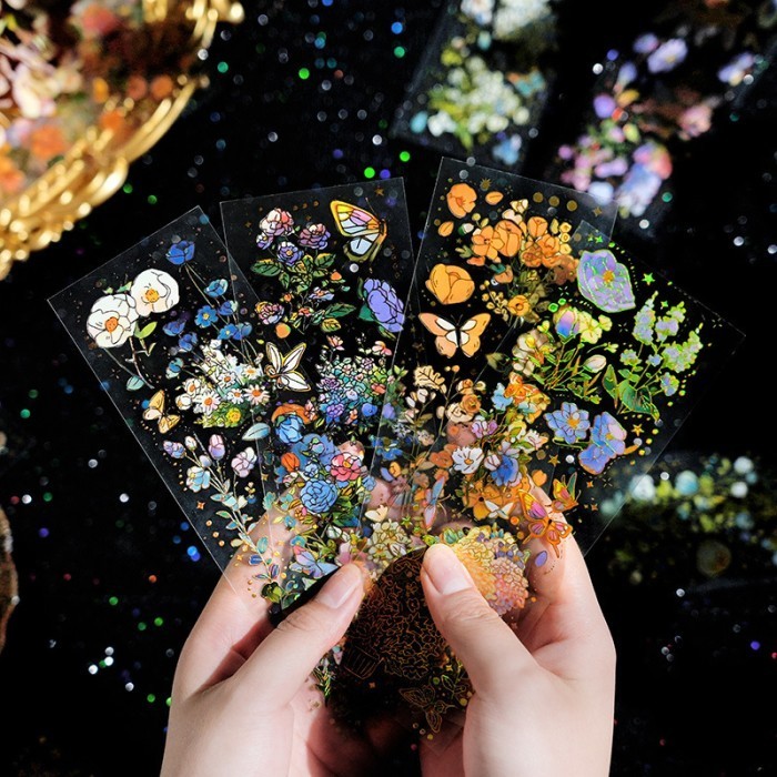

3 Lembar/ Pack Sticker Bunga Vintage Flower Hologram Edition Stiker Deco Journal DIY Craft