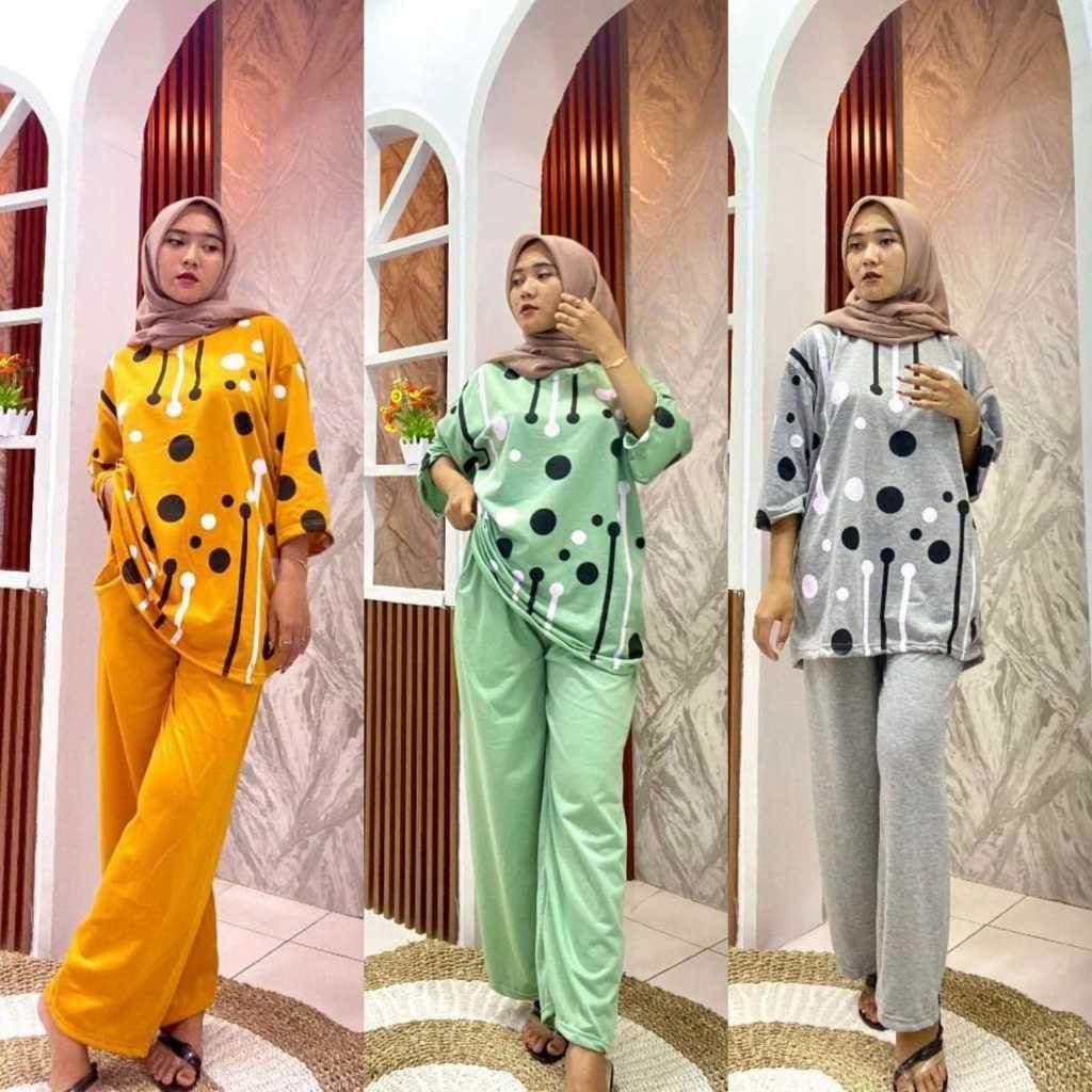 HUM - RPF SETCEL WANITA KASUAL / SETELAN TUNIK WANITA HIJAB COLABORATION BAHAN BABYTERY MOTIF POLKA 