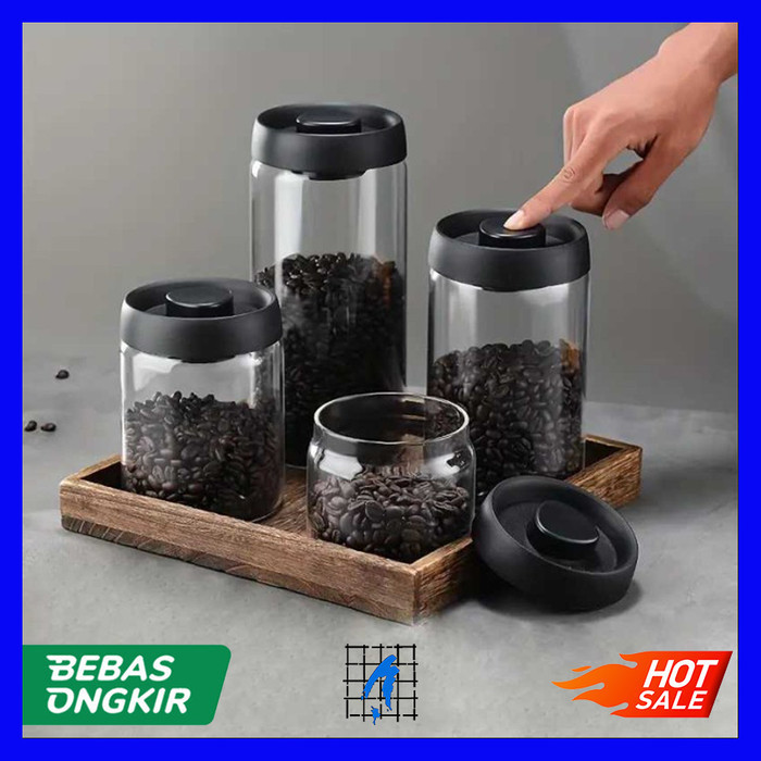 Toples Kaca Biji Kopi Coffee Beans Tutup Vacuum Sealed Air Tight - Hitam, 500ml