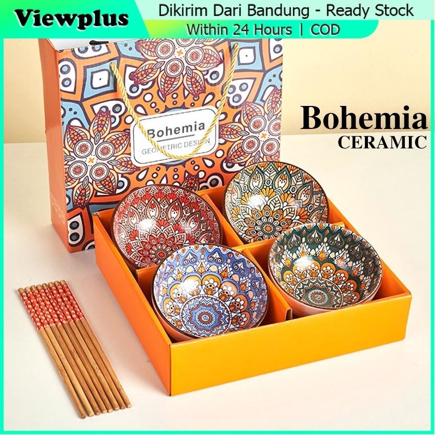 Hampers Lebaran Mangkok Keramik dengan Gift Box isi 4 pcs / Bohemia Bowl Gift Set Hampers Wedding / 