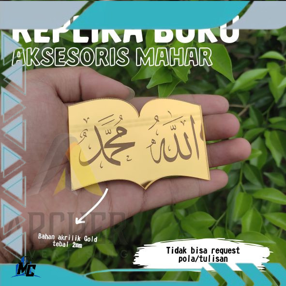 CUSTOM REPLIKA BUKU TULISAN ALLAH & MUHAMMAD AKSESORIS HIASAN MAHAR AKRILIK MIROR GOLD