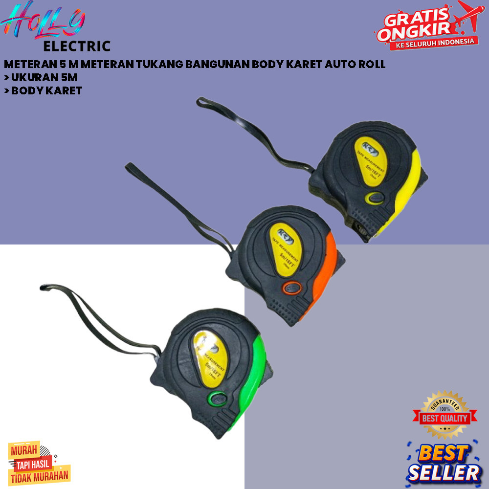 METERAN 5 M METERAN TUKANG BANGUNAN BODY KARET AUTO ROLL {HOLLY}