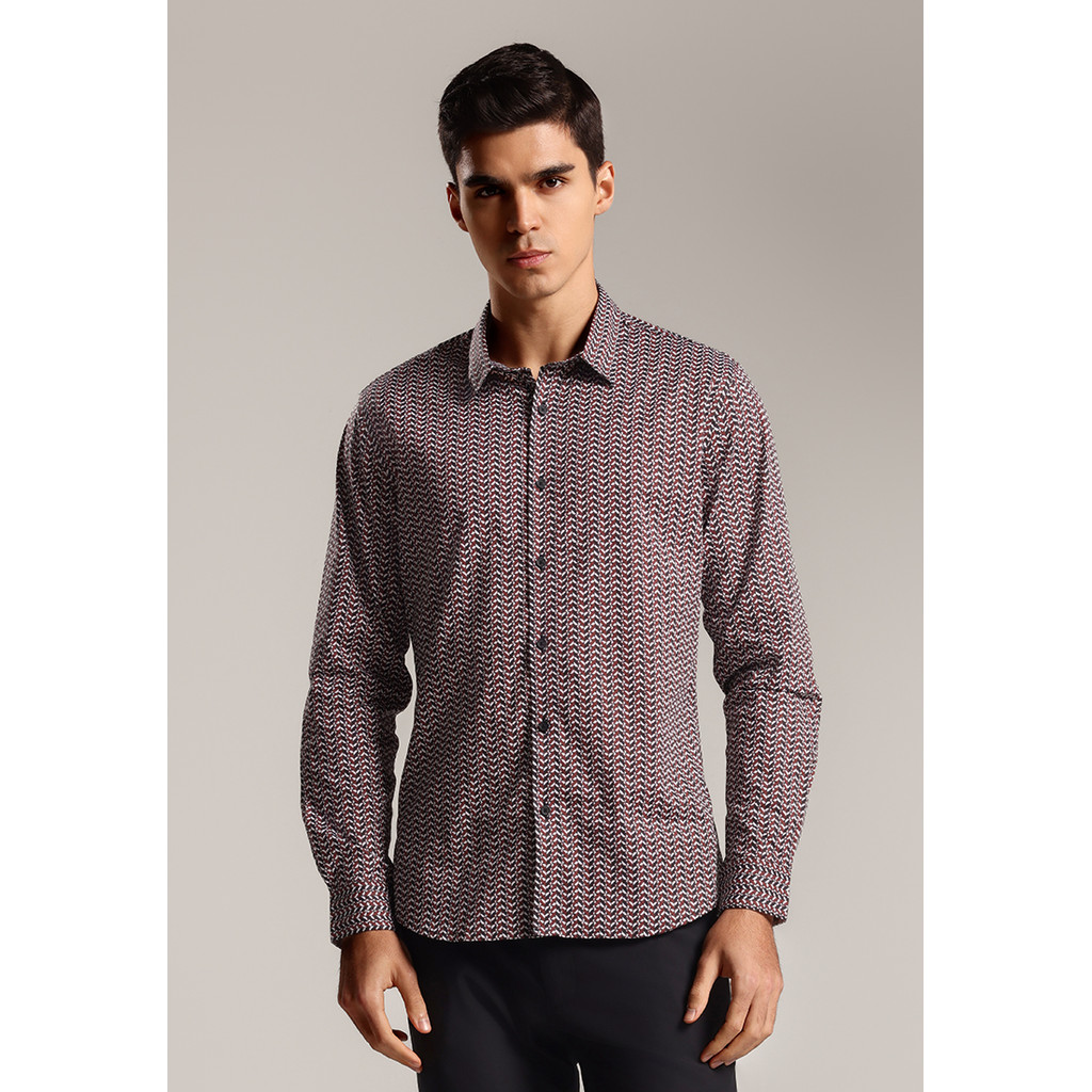 MOC - Kemeja Motif Lengan Panjang Pria Gheo - Maroon