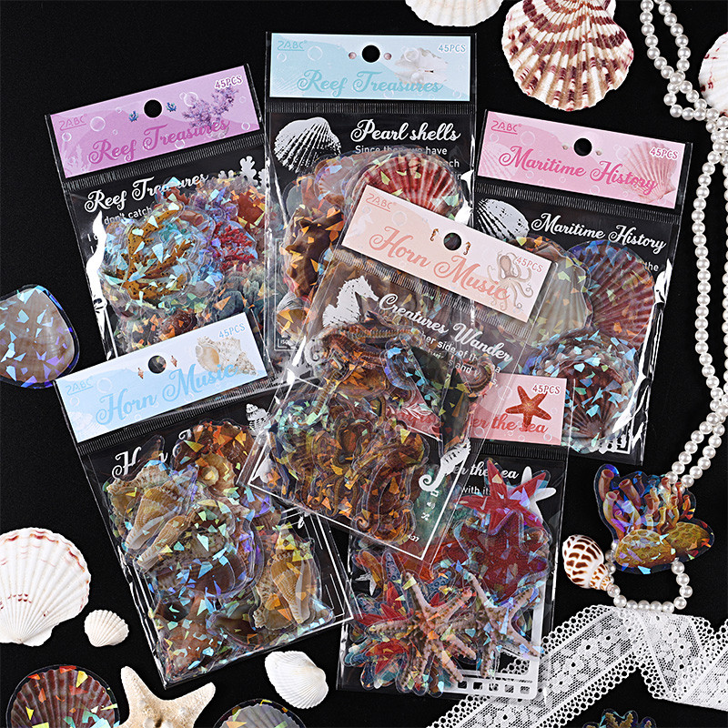 

45 pcs/pack Pearl Sea shell PET Stickers Adhesive Materials DIY Scrapbooking Decor Junk Journal Collage Stationery Diary Sticker