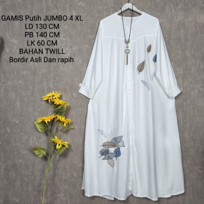 GAMIS PUTIH JUMBO LD 130 CM MODEL BORDIR KEKINIAN - Putih, XXXXL