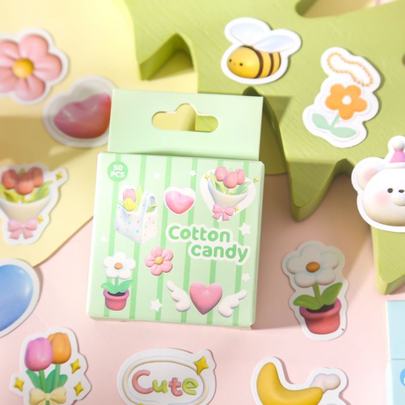 

50pcs Kotak Kartun Cotton Candy Series label Siswa Indah