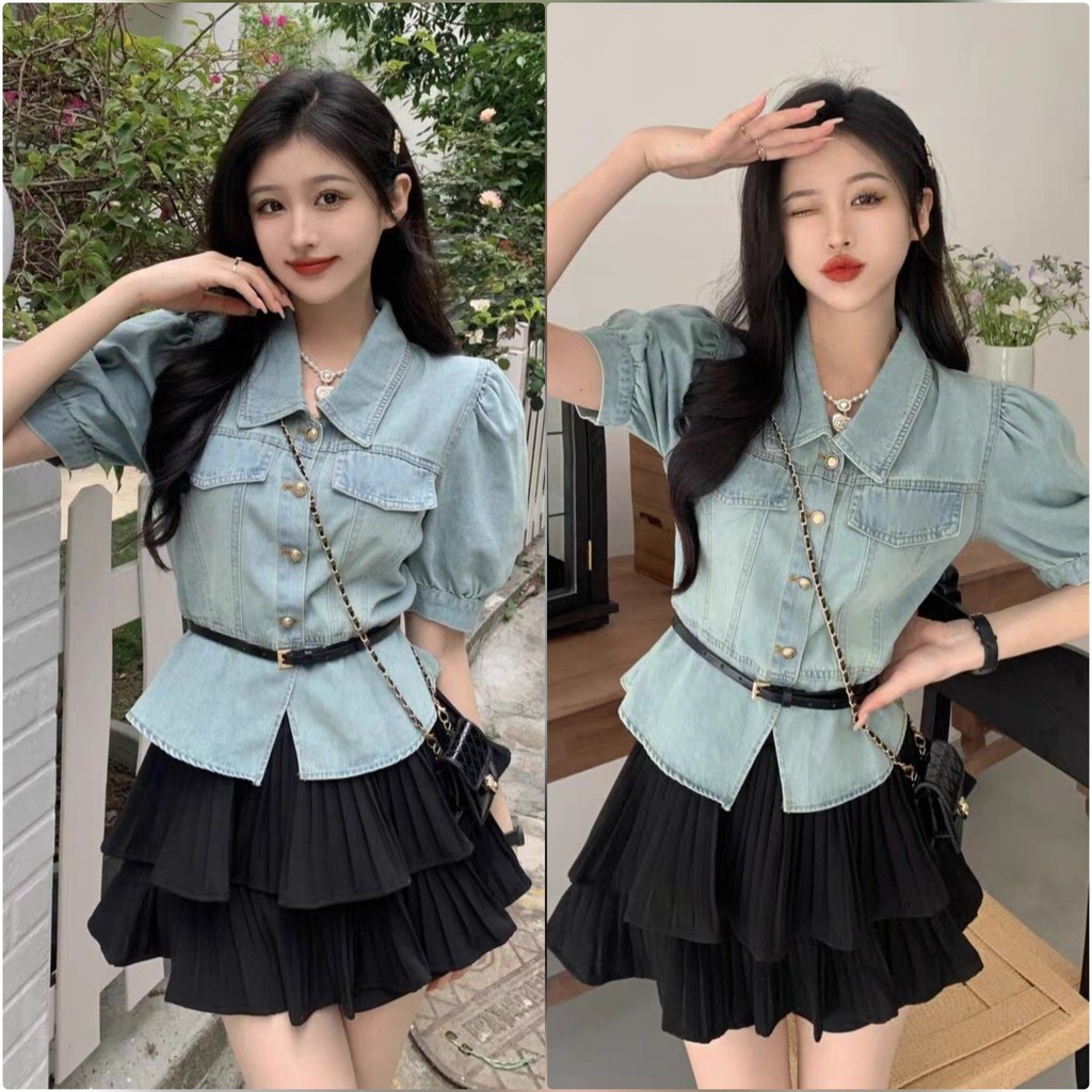 1206 Setelan Wanita Kemeja Denim + Rok Celana Skort Super Cantik Model Susun Mewah IMPORT China 🇨🇳 b