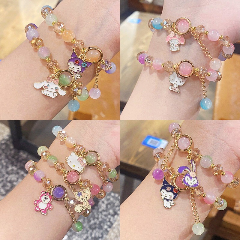 Gelang Kartun Sanrio Manik-manik Kristal Kaca Gaya Pacar Gelang Pasangan Warna-warni