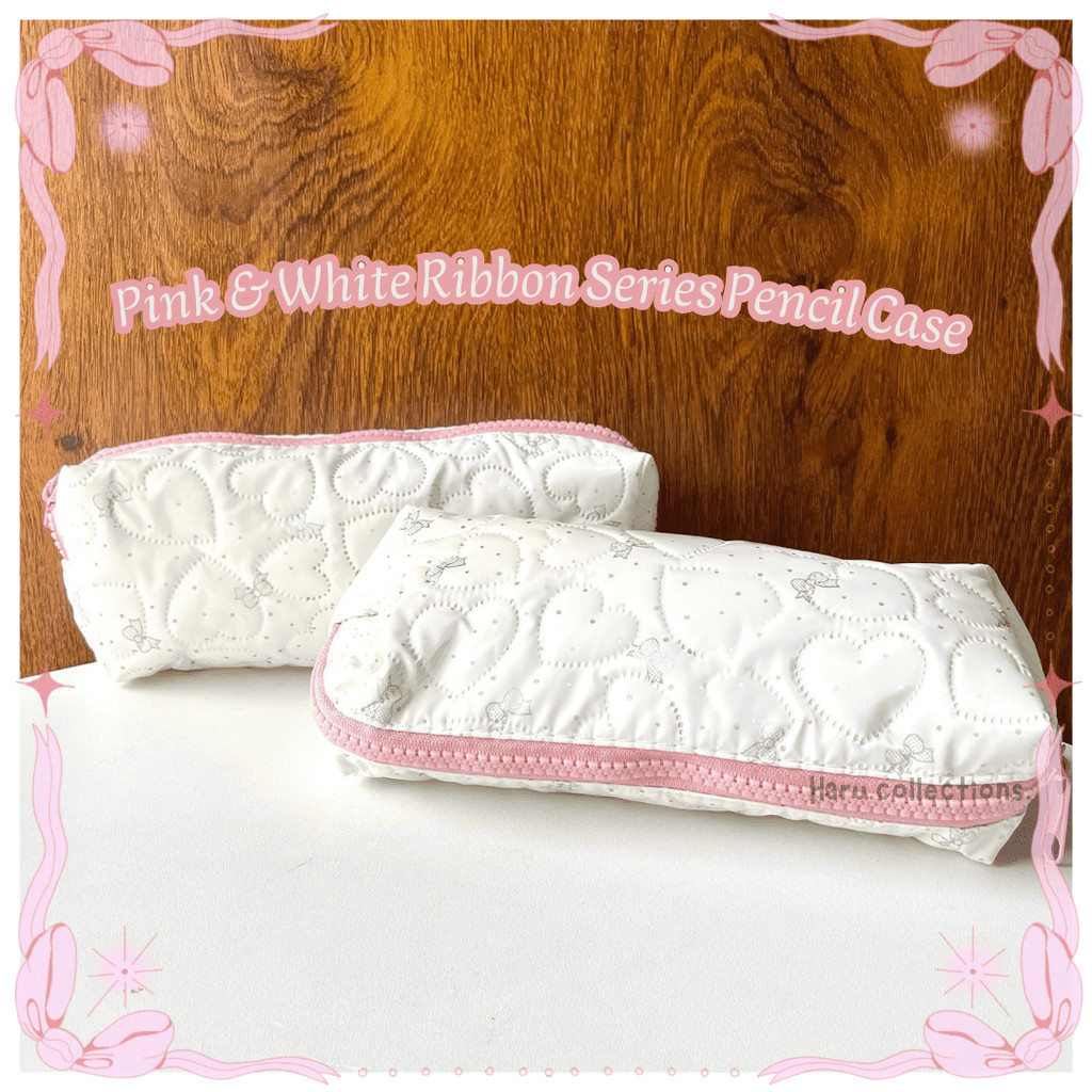 

[HARU] Pink & White Ribbon Series Pencil Case Kotak Pensil Lucu Tempat Penyimpanan Kapasitas Makeup Pouch Korea Aesthetic Cosmetic