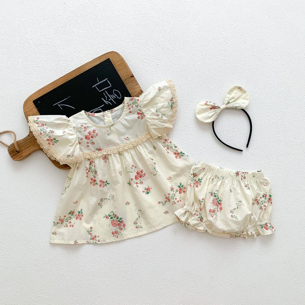 [ ANNYEONG ] - Setelan Bayi Perempuan Import Premium | Baju bayi satu set baju, celana dan bando - A
