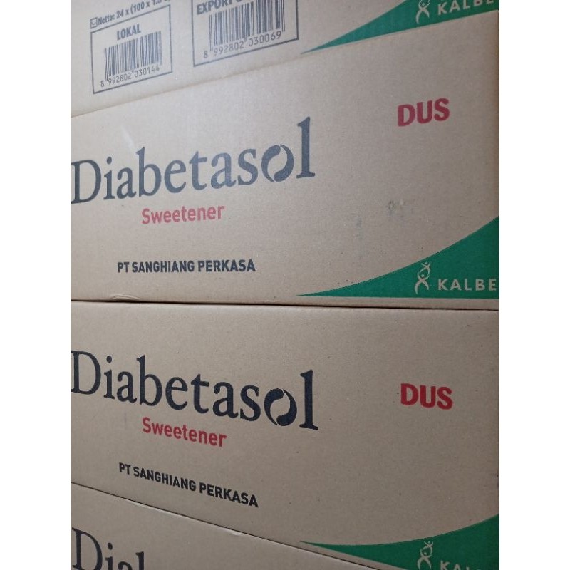 

diabetasol sweetener 100 sachet 1 dus isi 24 box x 100 sachet/gula diet rendah kalori