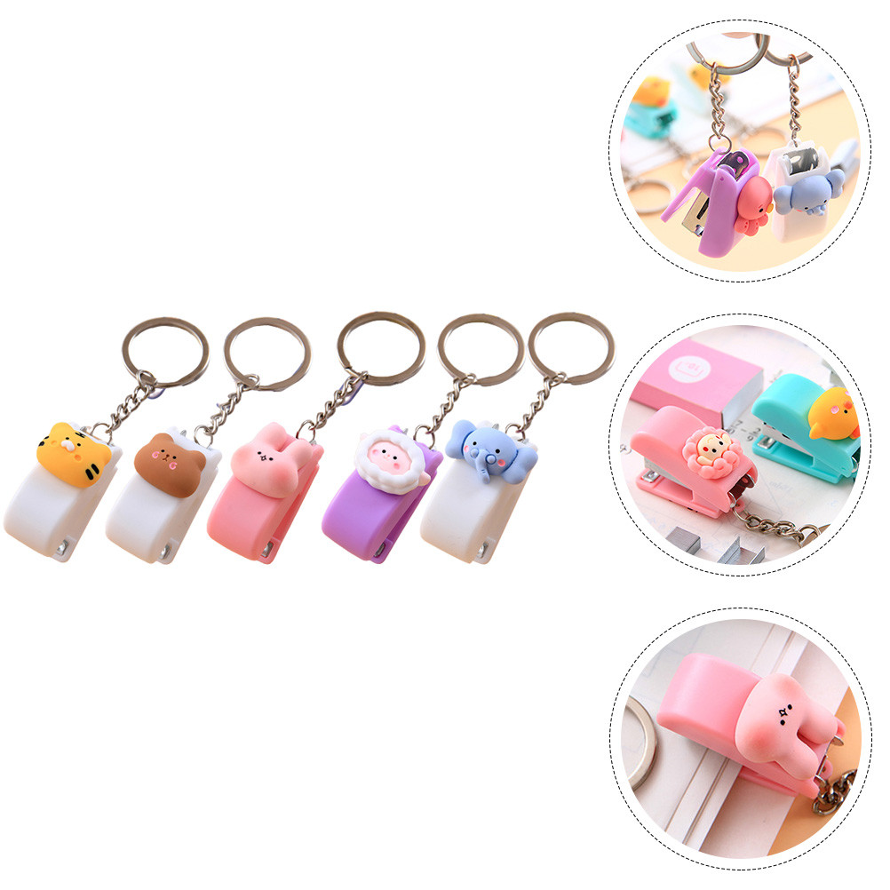 

5 Pcs Small Stapler Office Supplies for Desk Handheld Press Staples Gift Animal Staplers Stainless Steel Keychain with Ring