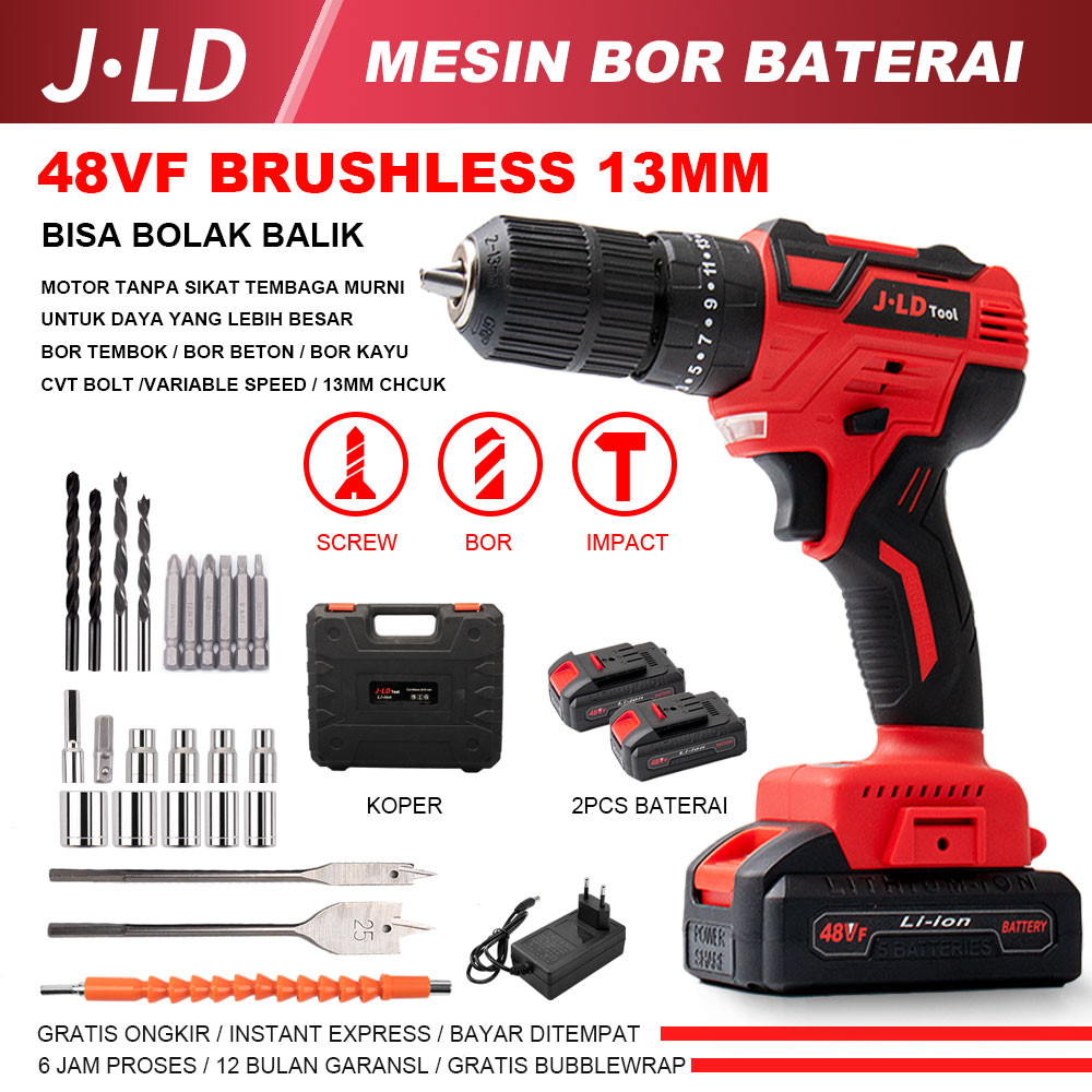 BISA COD JLD 13mm mesin bor impact baterai brushless bor cas murah 2baterai 48V bor tangan baterai b