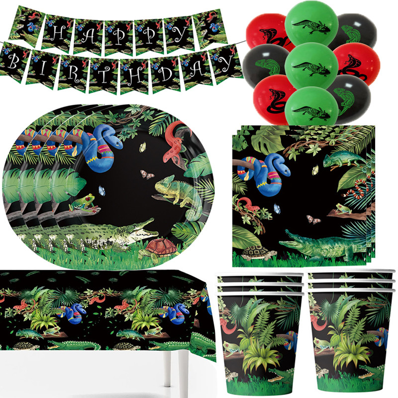 

Reptile Birthday Party Decoration Lizard Snake Crocodile Paper Cups Plates Napkins Tablecloth Balloons for Kid Boy Baby Shower