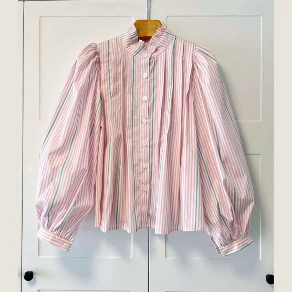 CHICMORE Kemeja Wanita | Garis Merah Muda | ‌Pink & Yellow‌ | Lengan Puffy | ‌Original By Chicmore‌.