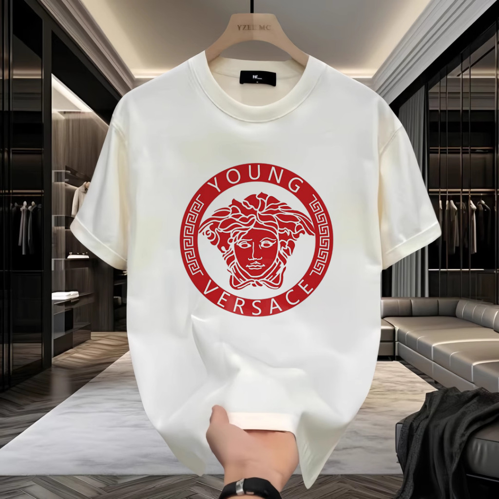 Kaos Pria VERSACE, Kaos Lengan Pendek Motif VERSACE Klasik Baru Musim Panas, Merek Trendi Stasiun Er