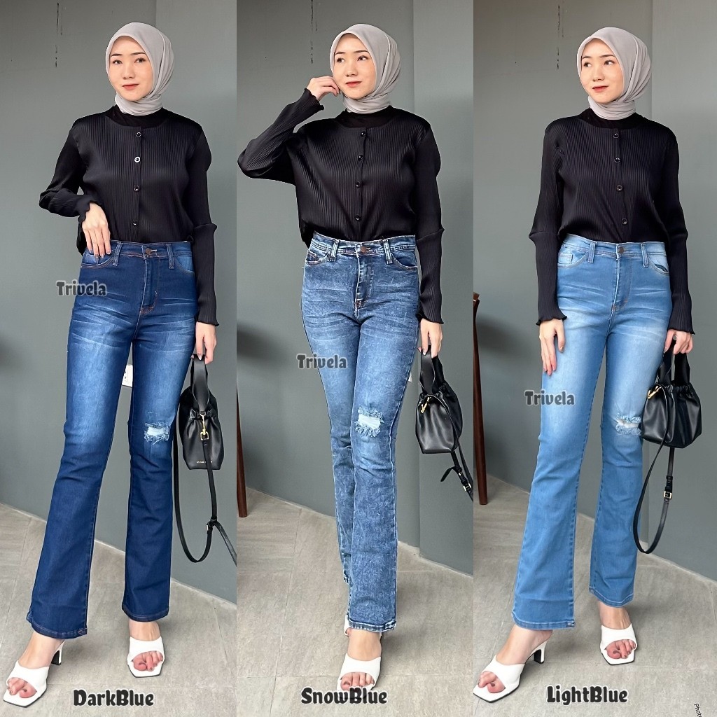 Celana Jeans Cutbray Loose Wanita Sobek Lapis Hijab Friendly Carla