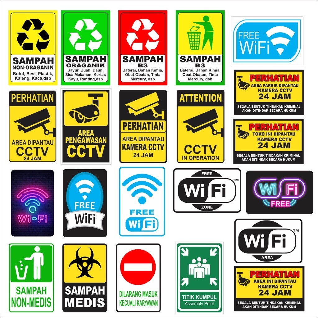 

Stiker Sticker Label Cctv Free Wifi Buang Sampah Titik Kumpul Laminasi Glossi Waterproof