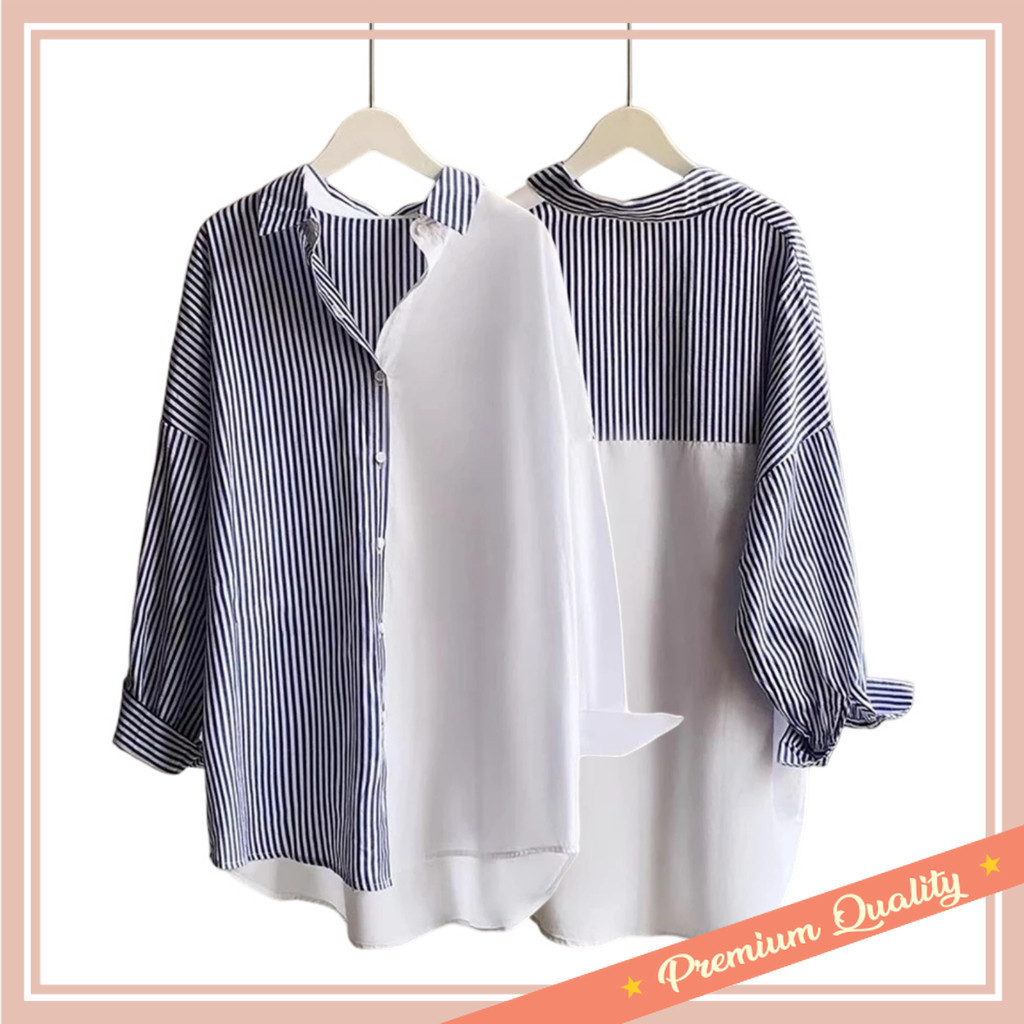 Baju Atasan Wanita Kekinian Termurah best seller / Ramdan Official - Usagi Kemeja Salur Jumbo  - Uku