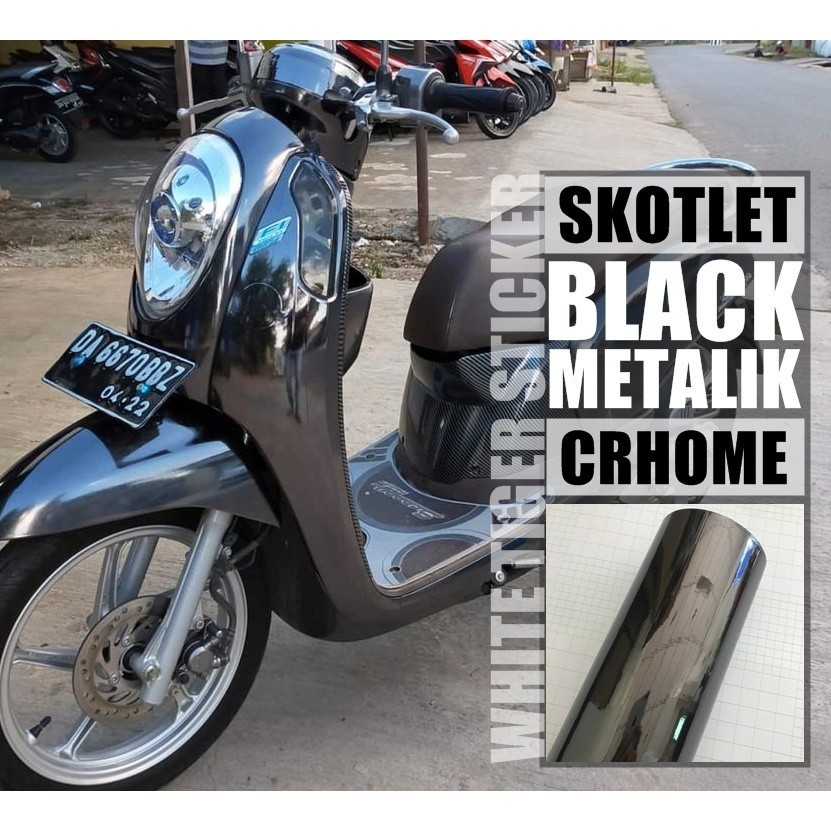 SKOTLET STIKER MOTOR BLACK CROM SKOTLET HITAM METALIK CHROME SCOTLITE BLACK CHROME STIKER KROM SKOTL