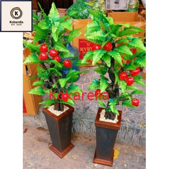 BUNGA SUDUT RUANGAN LENGKAP VAS BATU // POHON BONSAI STROBERY ARTIFICIAL DEKORASI TINGGI 120CM // BU