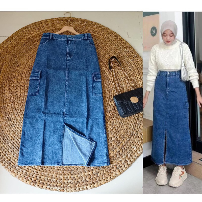ROK JEANS KEKINIAN JUMBO KANCING SAMPING // ROK JEANS SPAN VIRAL