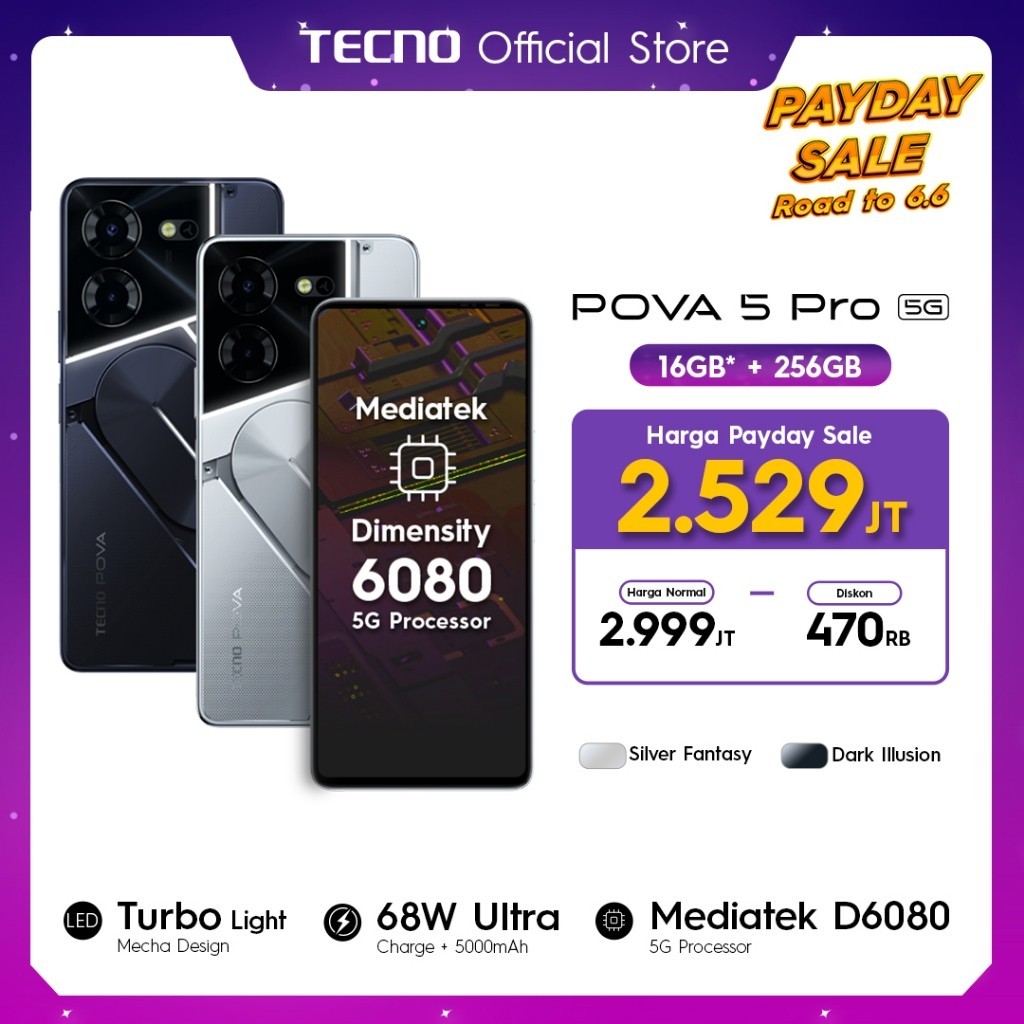 TECNO POVA 5 Pro 5G – Dimensity 6080 5G, 8+8GB*+256GB, 68W Super Fast Charging+5000mAh, 120Hz+6,78" 