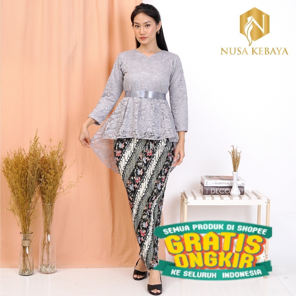 Setelan Kebaya Brukat Pinguin Set Rok Plisket Batik Untuk Wisuda Modern Kondangan Seragaman Pesta Tu