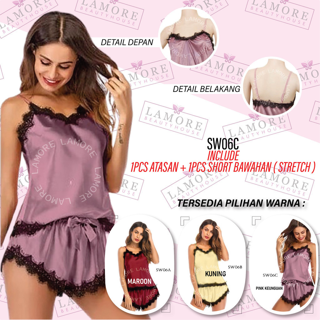 One Set Baju Tidur Satin Lingerie Wanita Nightgown Pink Ungu SW06C