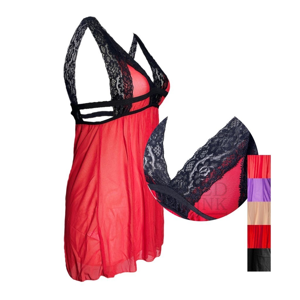 FAVORIT` [ RedPink ] Dress Lingerie Big Size Gaun Malam Transparan Women Girl Dewasa Cutting Renda