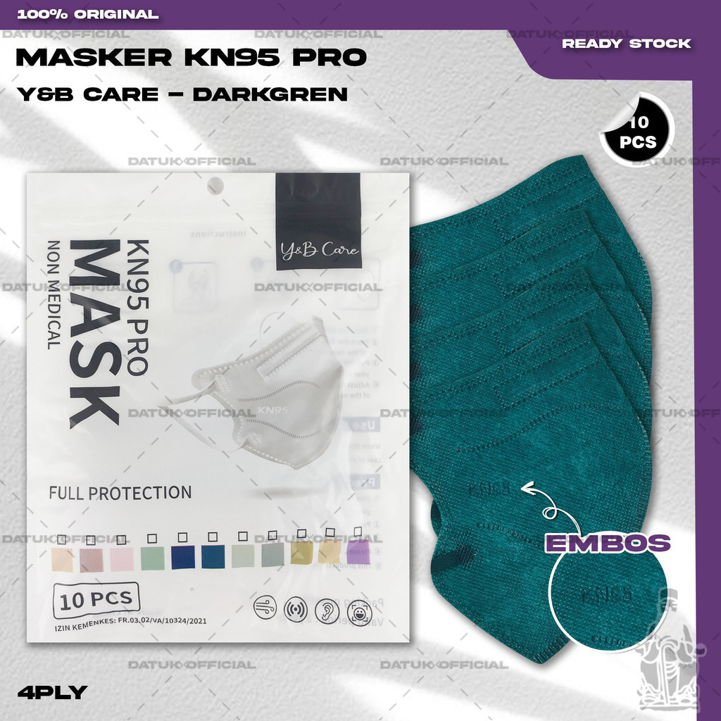 Masker KN95 PRO Y&B CARE 4Ply Isi 10Pcs Dark Green Hijau Army 95PRO KN 95 PRO 4 Ply Earloop Surgical