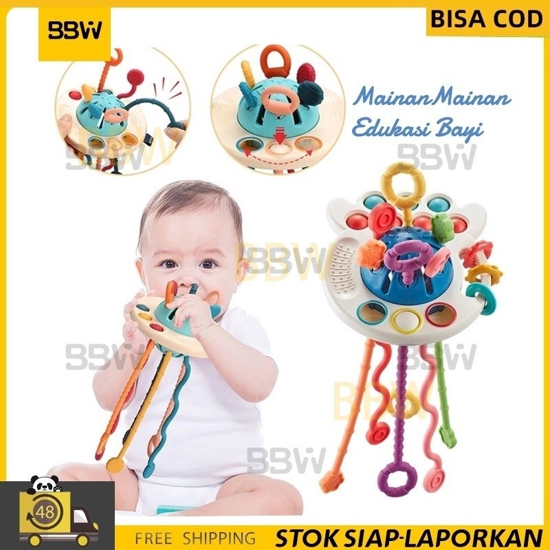 Mainan Edukasi Bayi Multifungsi Pop It Teether Bayi Tarik Panjang Mainan Gigitan Bahan Silikon Bentu