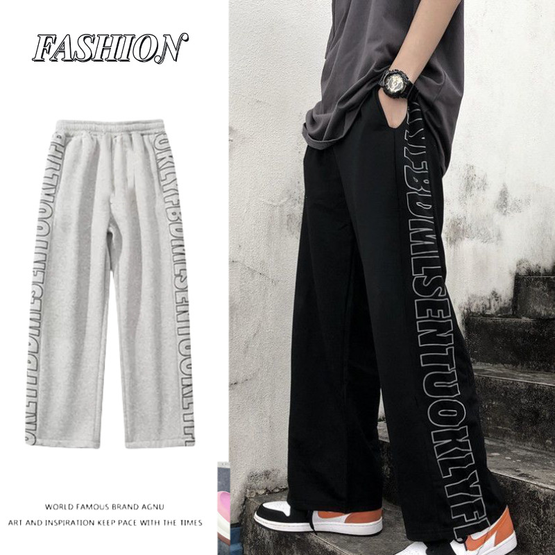 Celana Olahraga Kasual Pria/Celana Lebar Longgar Motif Huruf/Celana Panjang Pria Hitam