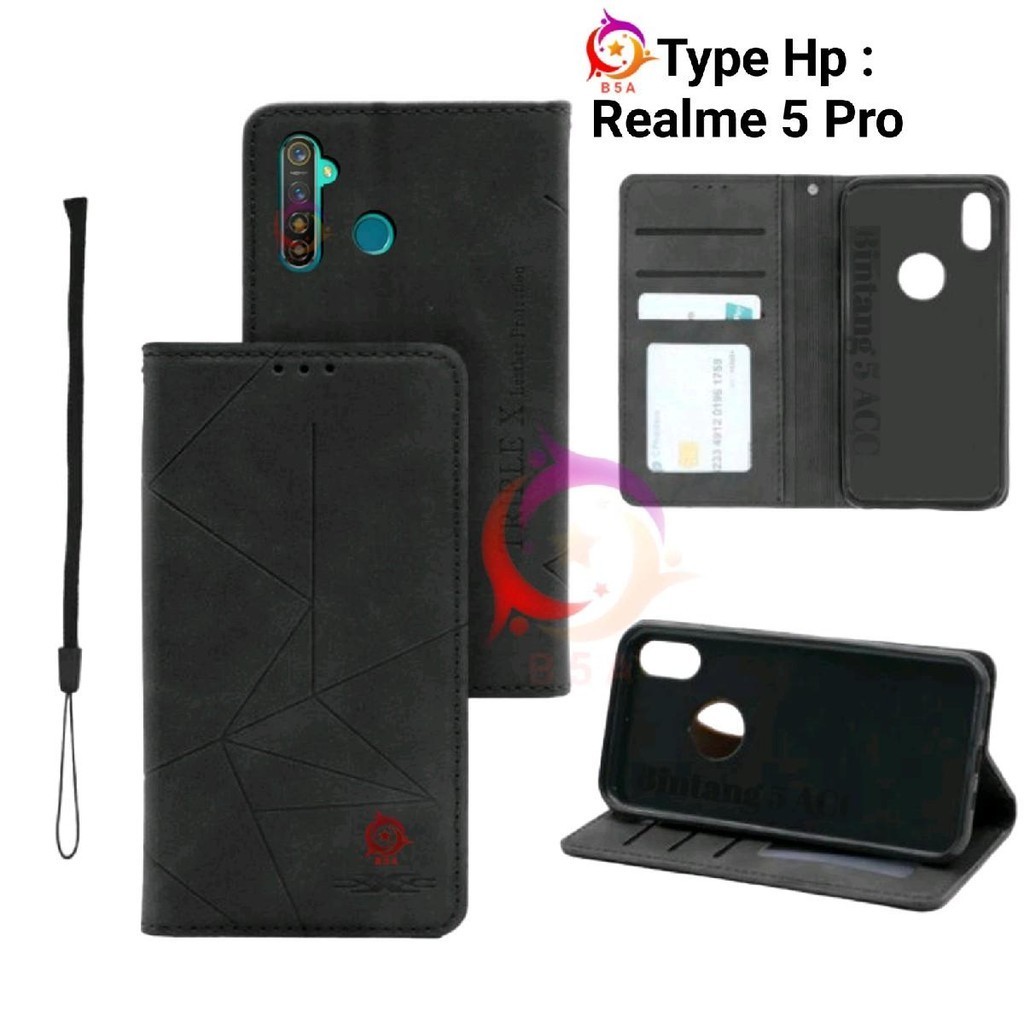 Leather Case For REALME 5 PRO MAGNET Flip Leather Kulit FlipCover Casing Dompet / Slide Camera Prote
