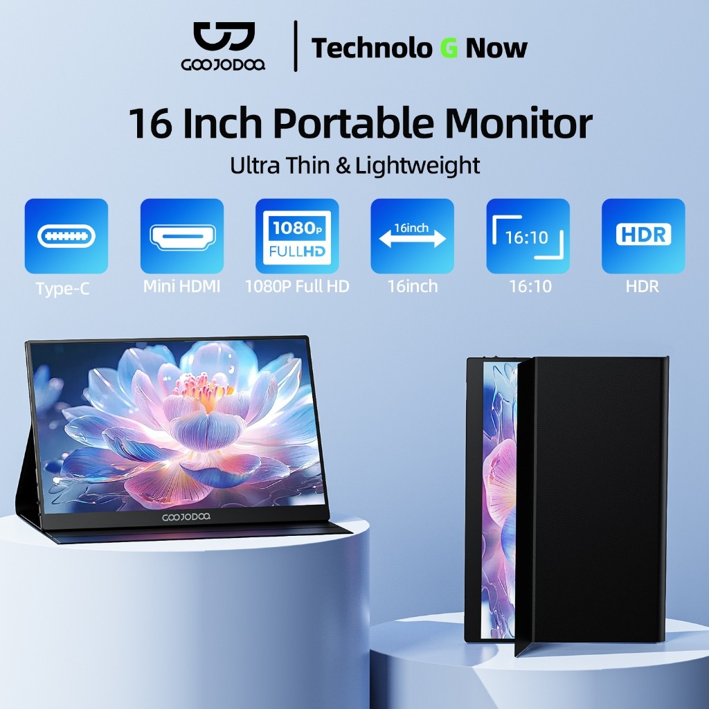 GOOJODOQ Portable Monitor for Laptop 16' 1920*1080P 4K FHD IPS Display Portable Monitor for iPad/PC/