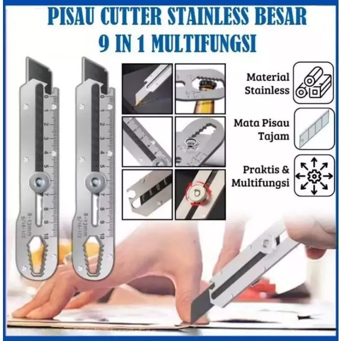 

Cutter Besi Stainless Steel 9in1 9 in 1 Pisau Cutter 15mm Pemotong Serbaguna Anti Karat Pembuka Tutup Botol baut skrup Penggaris 10 CM Ukur Wrench EDC Kater Tajam isi Refill Pisau Cutter isi 10 Pcs 18mm Kunci Pas 6 8 9 10 11 12 13 SD-180 Shang Te ST