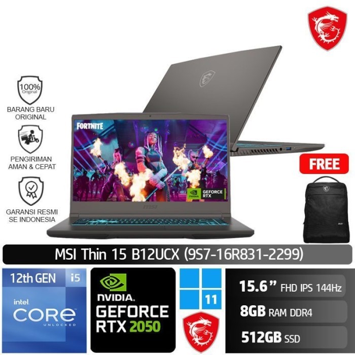 Laptop Gaming MSI Thin 15 B12UCX (9S7-16R831-2299)/Core i5-12450H/8GB/512GB SSD/RTX2050 4GB/Win 11