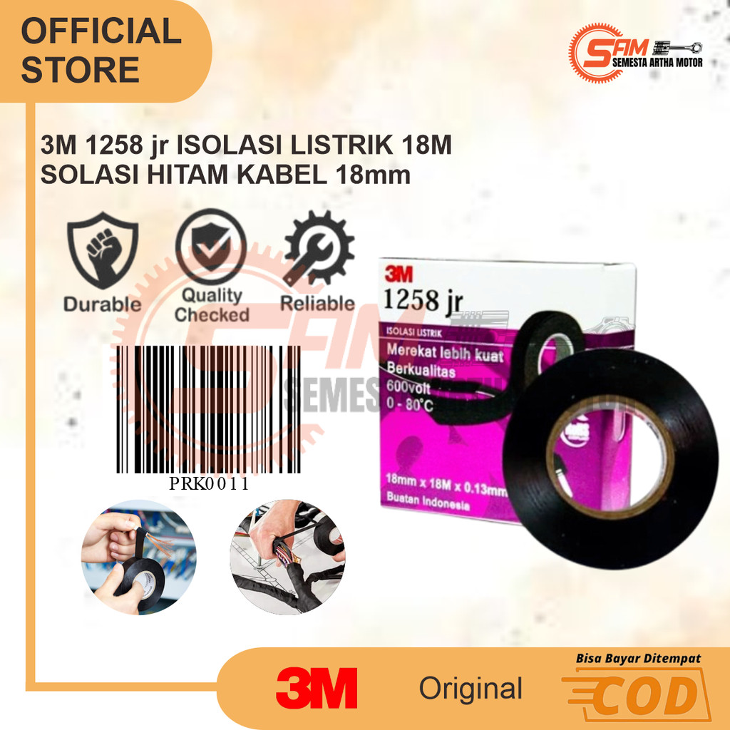 

3M 1258 jr Isolasi Listrik 18m Solasi Hitam Kabel Tahan Panas Merekat Kuat