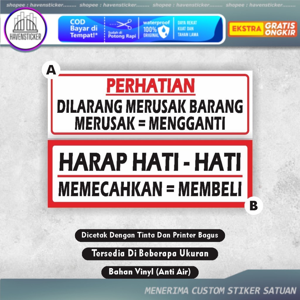 

Stiker Dilarang Merusak Barang - Stiker Hati Hati Awas Pecah - Stiker Merusak Mengganti - Stiker dilarang membuka segel kemasan