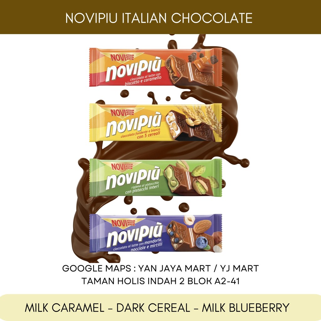 

Novi Novipiu Chocolate / Coklat Susu Karamel / Coklat Susu Sereal / Coklat Susu Almond Hazelnut Blueberry / Coklat Italia / Cokelat / Nocciole Mandorle Mirtilli / Fondente 5 Cereali / Caramello e Biscotto / 35g / 28g