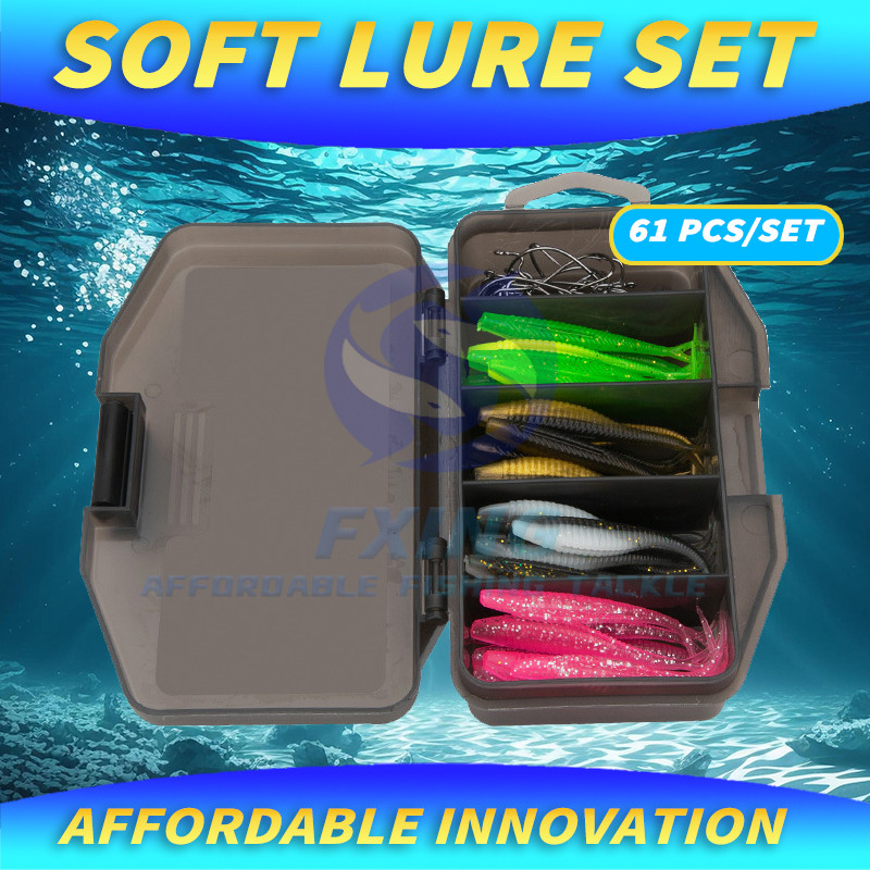 61pcs/set umpan pancing lure casting softlure kail worm umpan casting set box- FX584