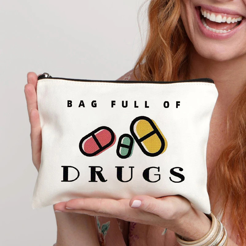 

Drugs Print Makeup Bag Organizer Zipper Medicine Pouch Travel Sundries Office Supplies Storage Pencil Case Fun Gift Canvas Bags