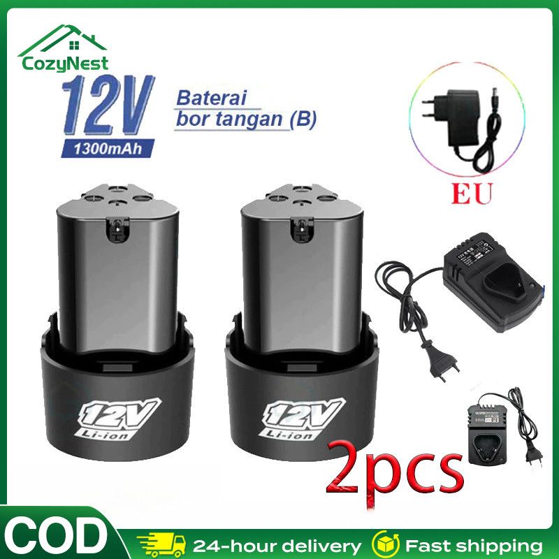 Baterai Mesin Bor Cas 12 Volt 1300mAh Cordless Drill+Charger/baterai lithium yang dapat diisi ulang 