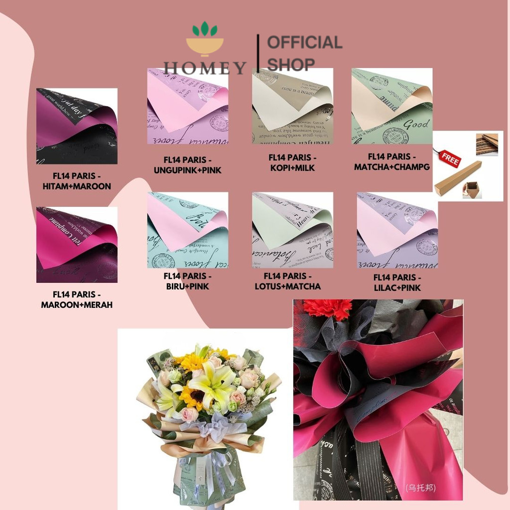 

HOMEY - (5 LEMBAR) - FL14 PARIS Kertas Bunga Paper Buket Motif Tulisan Text Florist Cellophane