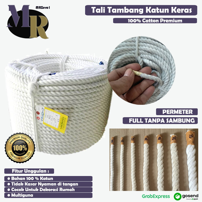Tali Tambang Kain Katun 6mm 8mm 10mm 12mm 14mm Super Kuat Permeter Tali Tambang Kuralon Guralon Puti