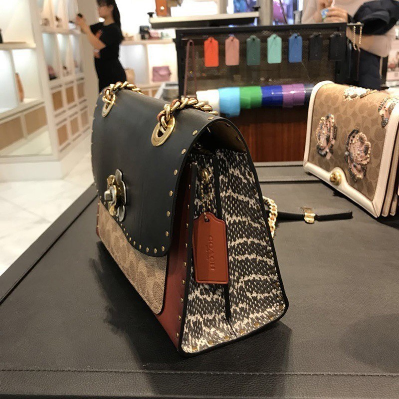 Coach Parker Shoulder Bag In Colorblock Signature Canvas With Rivets And Snakeskin Original Bag Tas